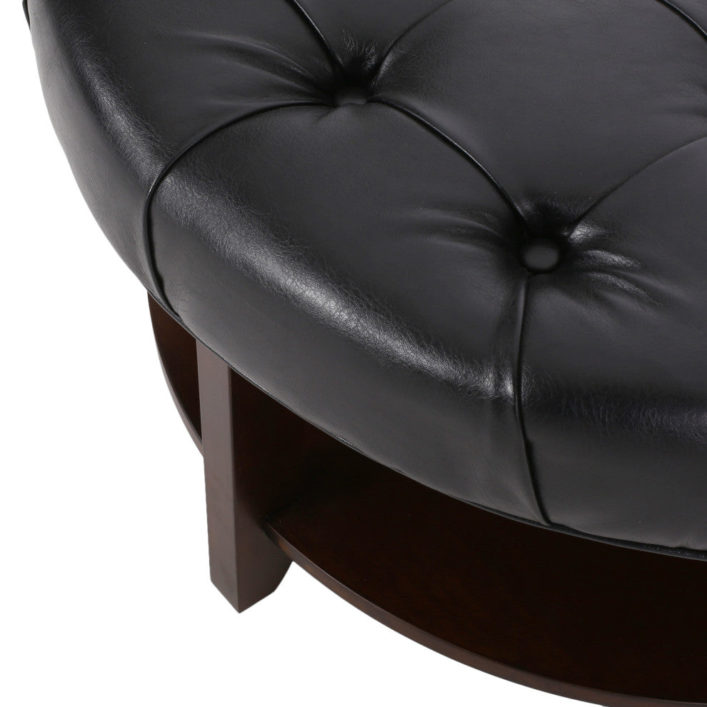 Baynes Faux Leather Tufted Wood Round Ottoman, Open Shelf, Midnight + Espresso