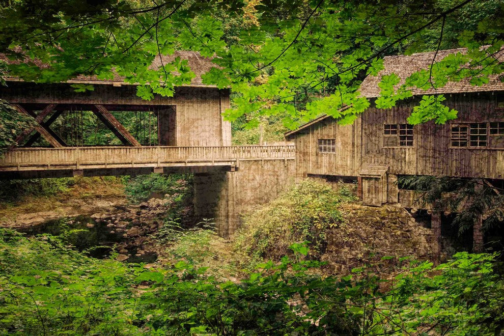 "Cedar Mill and Covered Bridge" Painting Print on Canvas