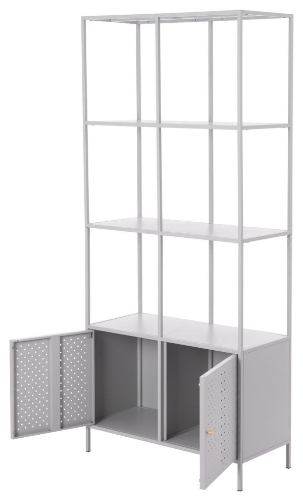 Bookcase Wall Shelf Rack, Steel Metal, Gray, Gold, Lounge Cafe Hospitality