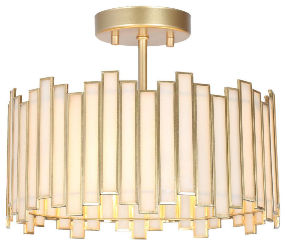 LNC 3-Light Tiffany Glass LED Semi-Flush Mount Light, Matte Gold
