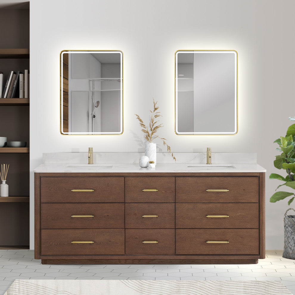 Porto Bath Vanity with White Quartz Stone Top, Dark Brown Oak, 84 in., No Mirror