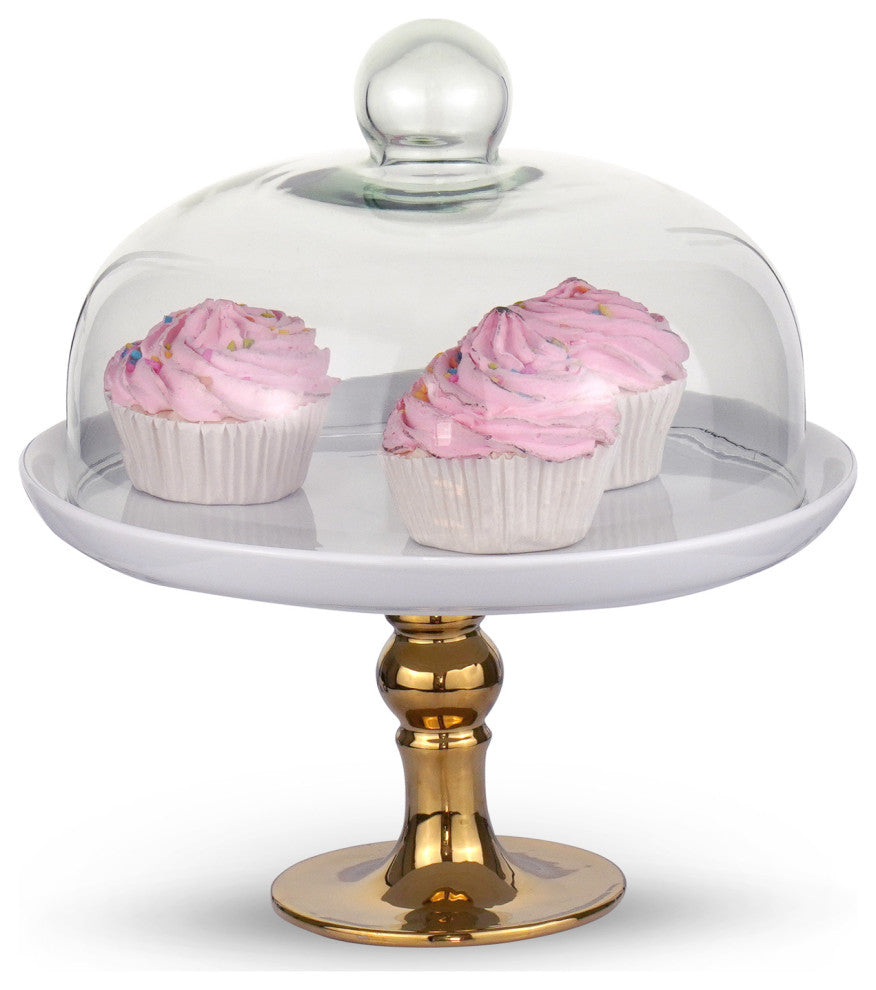 White Cake Plate, Gold Footed Cake Stand,Clear Dome, 9.8"