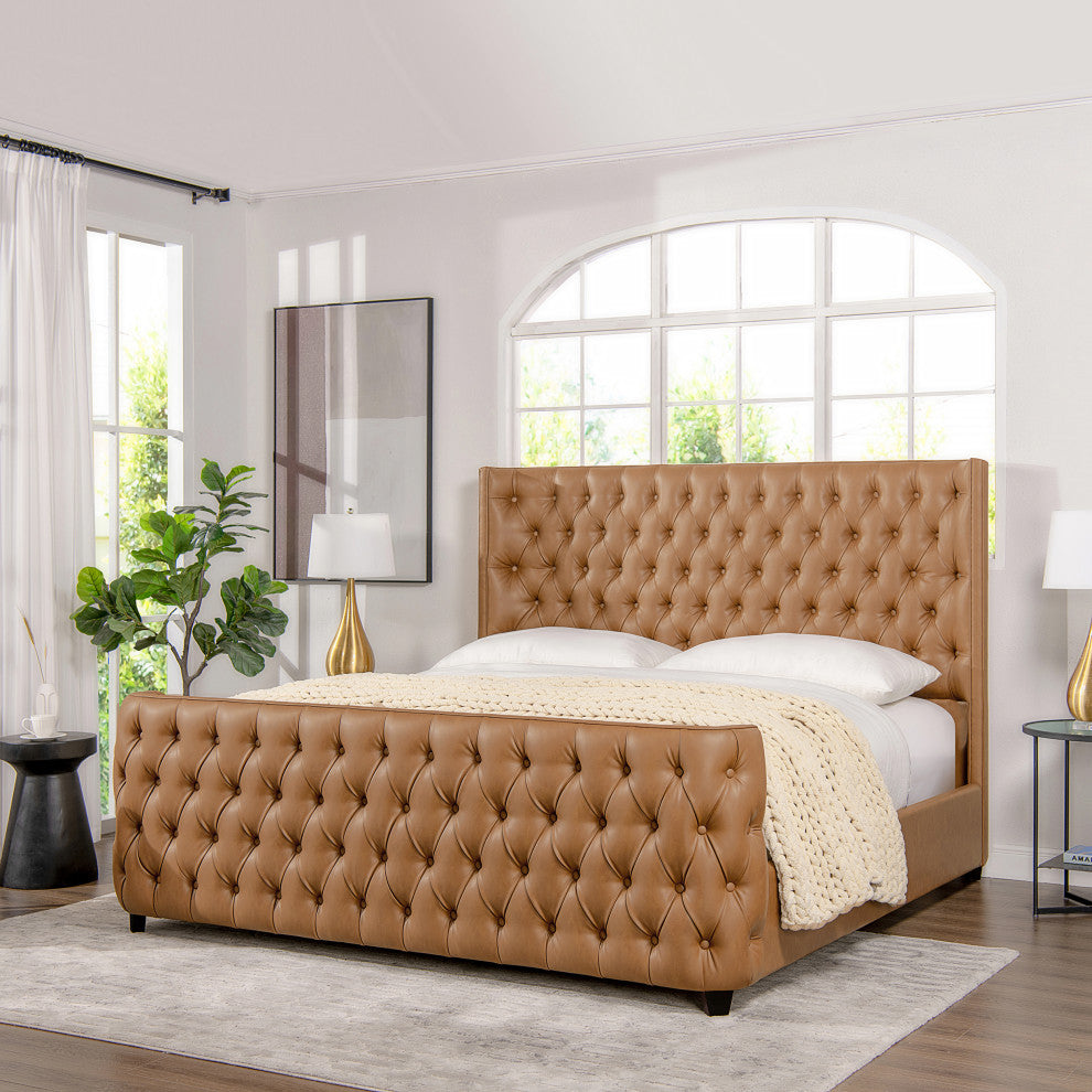 Brooklyn Tufted Sheltered Wingback Panel Bed, Caramel Tan Brown, King