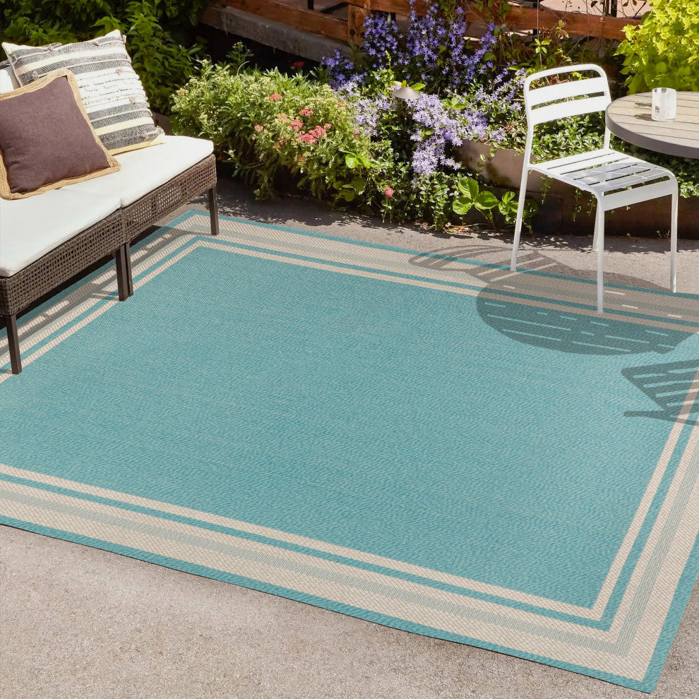 James Modern Border Stripe Indoor/Outdoor Area Rug, Aqua/Beige, 8x10