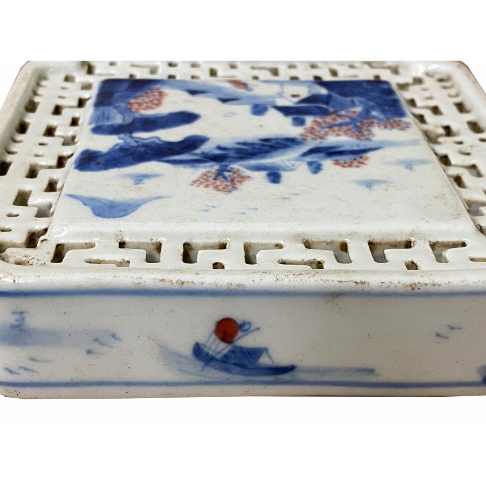 Chinese Blue White Scenery Porcelain Coaster Stand Soap Holder Hws2285