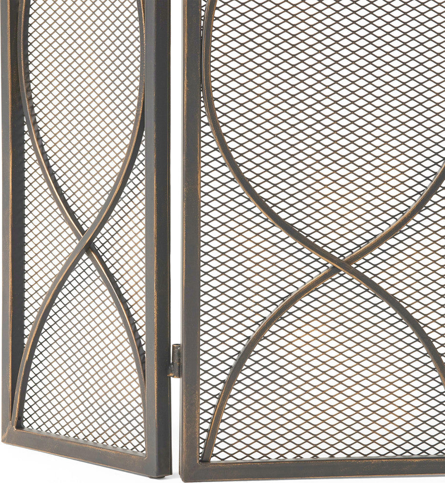 Laylah Modern Three Panel Iron Firescreen, Black Gold Finish