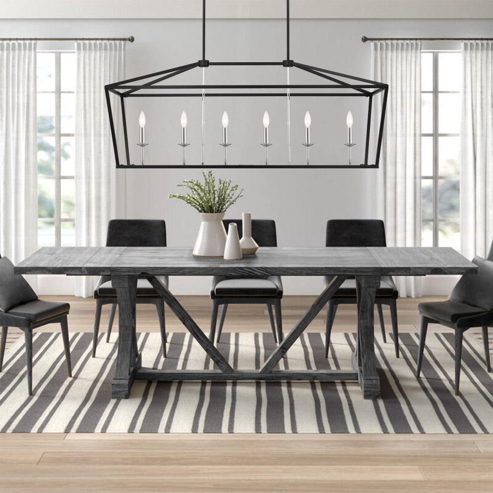 6 Light Kitchen Island Linear Pendant Chandelier, Classic Black+chrome