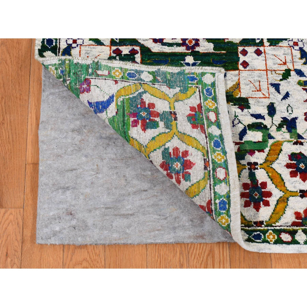 Ivory Sari Silk Colorful Mamluk Design Hand Knotted Oriental Rug 9'x12'1"