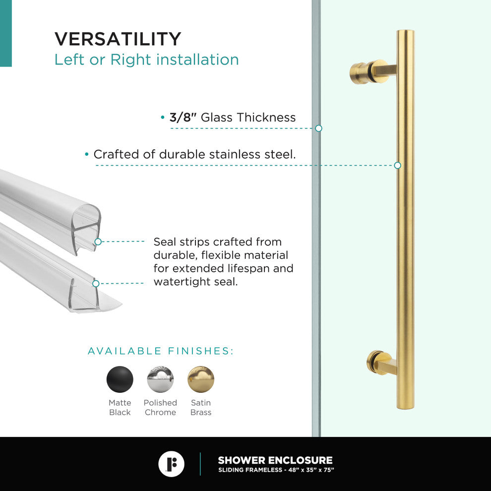 Frameless Shower Enclosure Sliding Shower Glass Door - Tempered Glass, Satin Brass, 48"