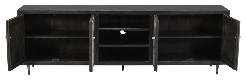 Sarah 4 Door Media Cabinet Mango Solid Wood Antique Brown Finish on Iron Base