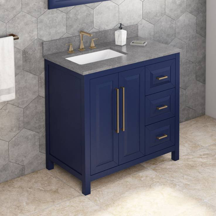 Cade Transitional 36" Hale Blue Left Offset Sink Vanity, Steel Grey Cultured Mar