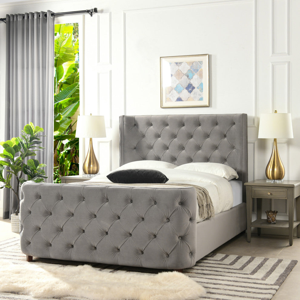 Brooklyn Tufted Sheltered Wingback Panel Bed, Opal Gray, Queen