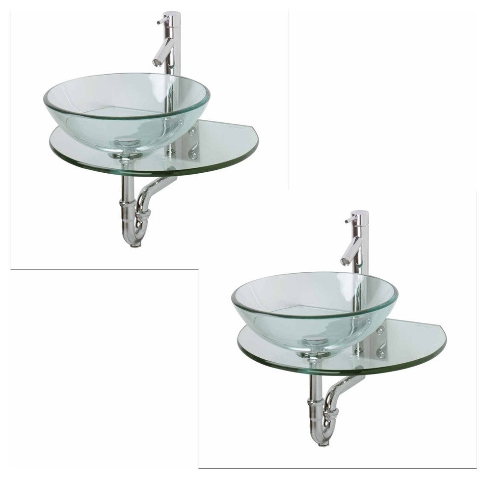 Wall Mount Tempered Glass Vessel Sink Round and Clear with Faucet and Drain