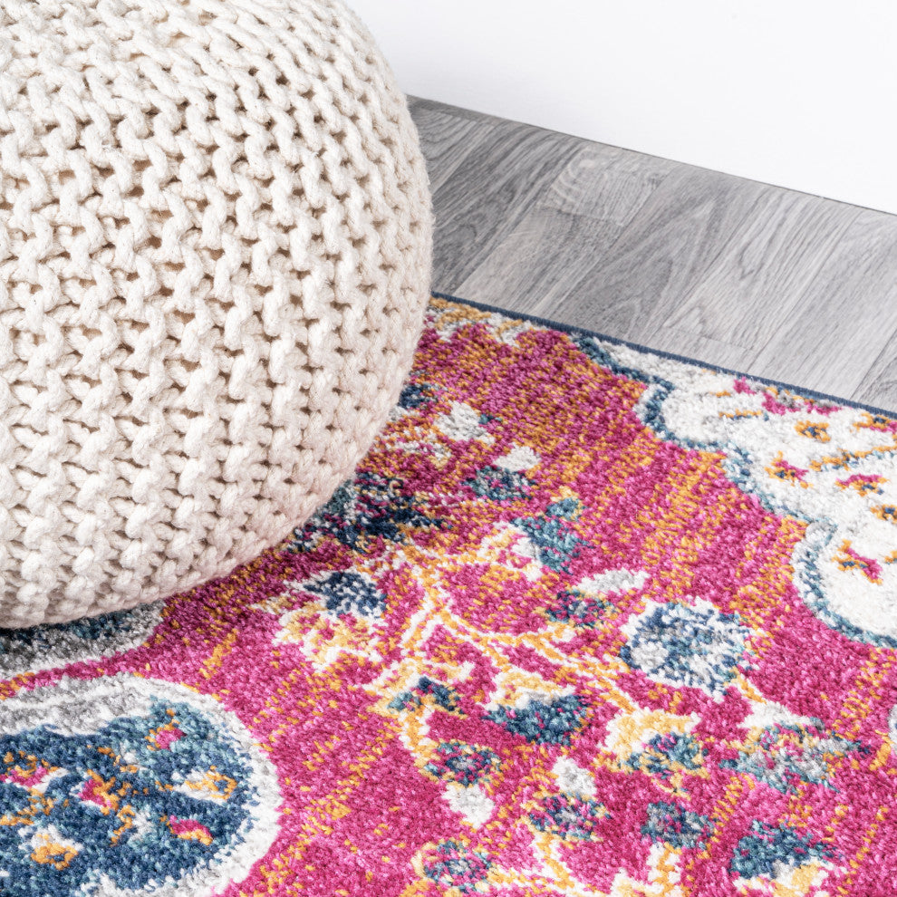 Bohemian FLAIR Boho Vintage Medallion Area Rug, Fuchsia/Ivory, 2 X 8