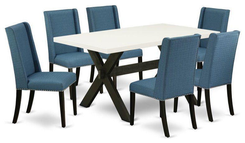 X626Fl121-7, 7-Piece Linen White Table Top and 6 Padded Chairs, Black