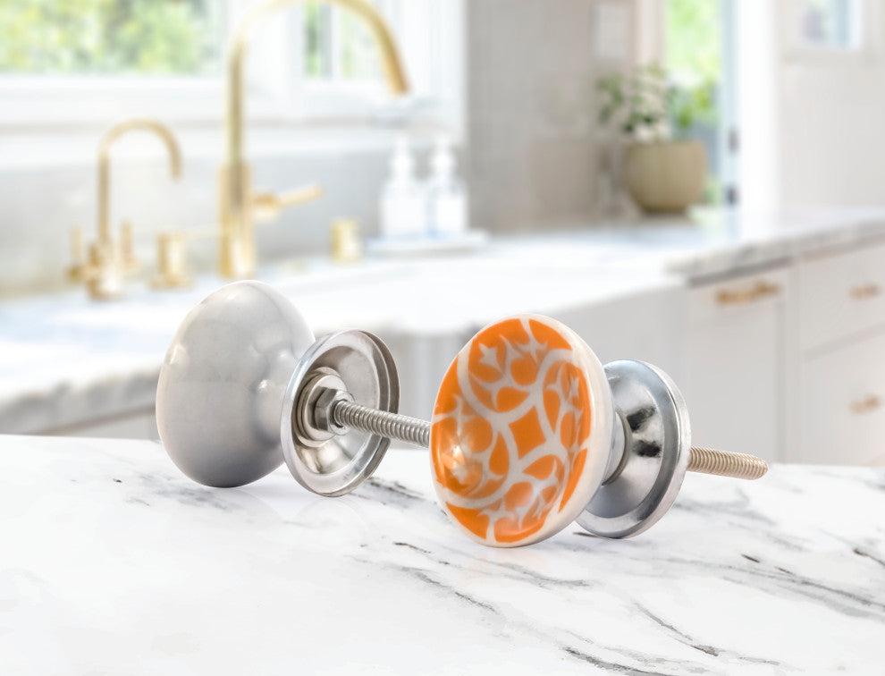 Mascot Hardware Cupbpard Ceramic Knob with Orange Floral Design - Pack of 10