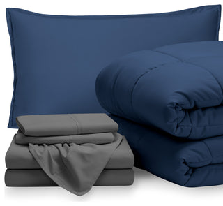 Bare Home 5-Piece Twin Bed-in-a-Bag, Dark Blue, Gray