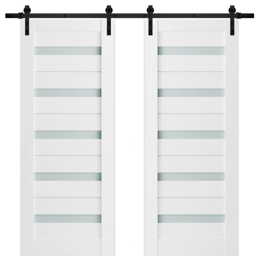 Double Barn Door 72 x 84 Frosted Glass, Quadro 4445 White, 13FT