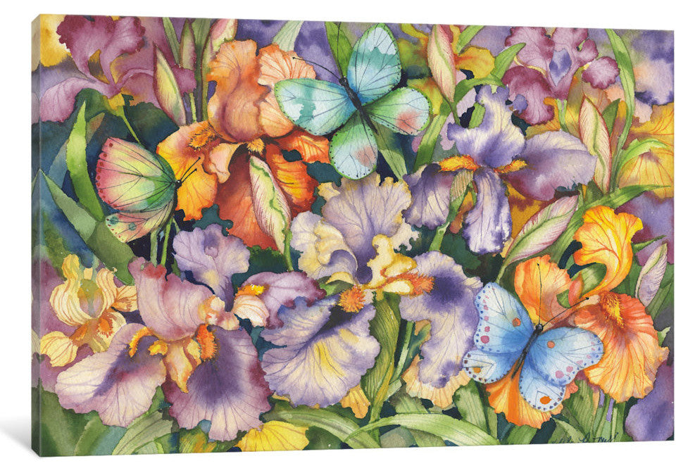 "Bearded Iris and Butterflies" by Kathleen Parr McKenna, 26x18x1.5