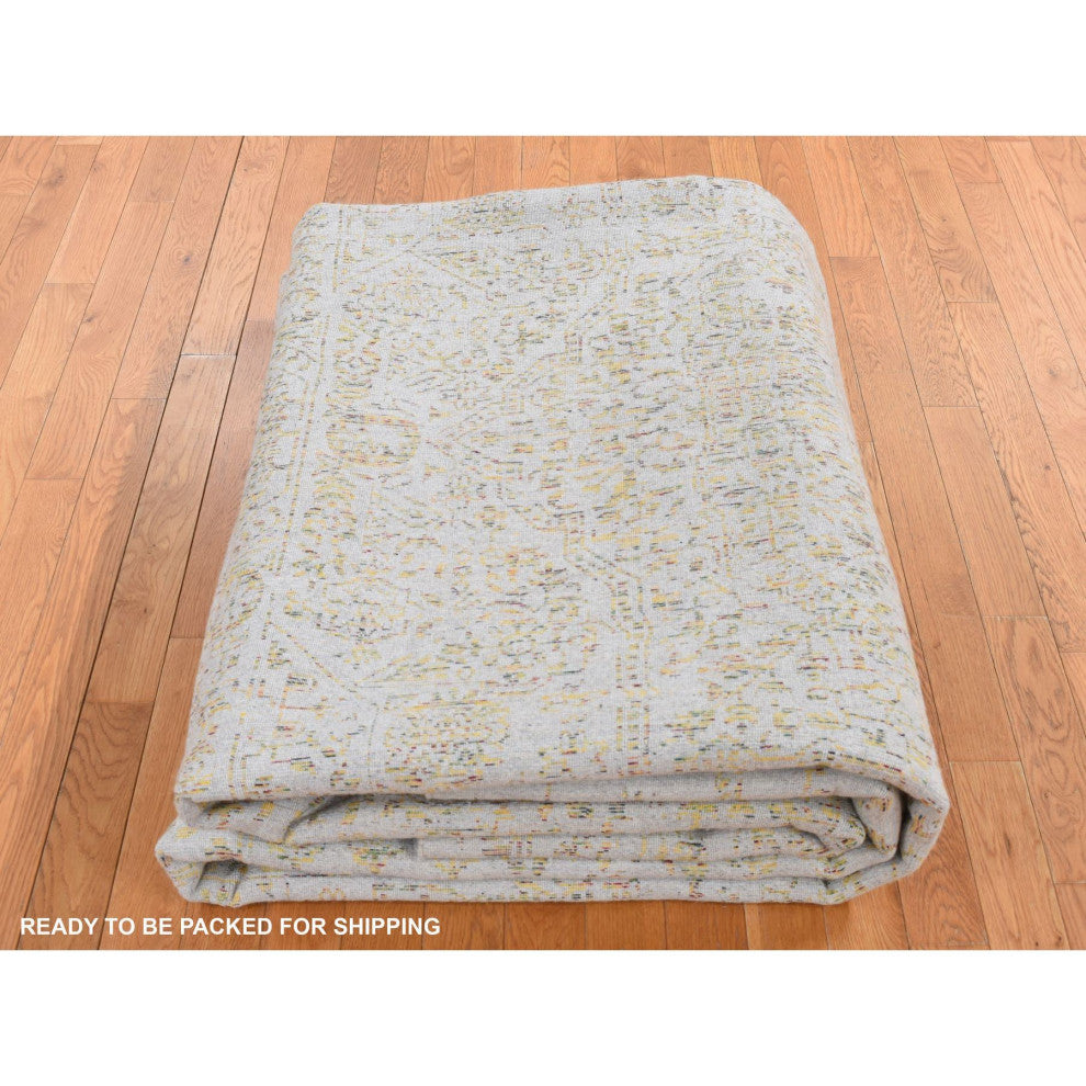 Silk Gray, Broken Mamluk Design, Hand Loomed, Wool and Silk Rug, 9'10"x14'