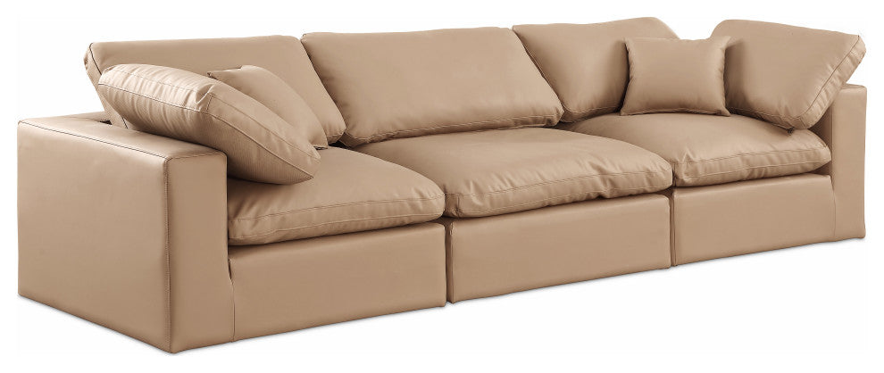 Comfy Upholstered Modular Sofa, Tan, 3-Piece: 1 Armless Chair, 2 Corner Chair, Vegan Leather