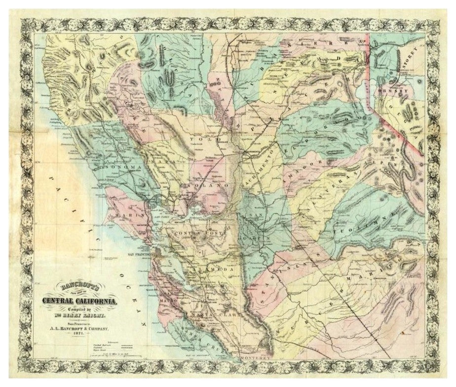 "New Map of Central California, 1871" Paper Print by A.L. Bancroft, 18"x15"