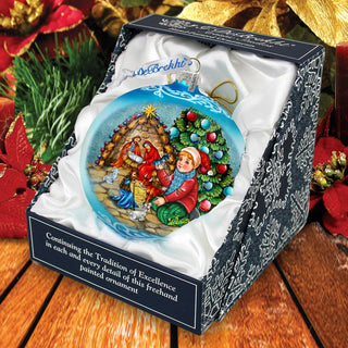 Nativity by the Christmas Tree Lg Glass Ornament, Blue