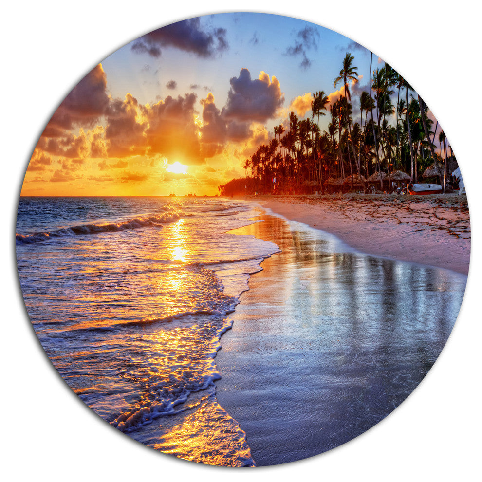 Beach-Side Resort With Palm Trees, Seashore Art Disc Metal Artwork, 23"