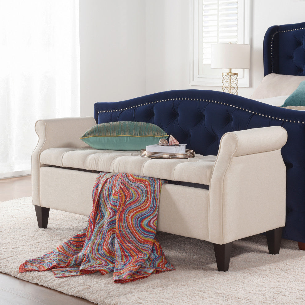 Jacqueline 58" Tufted Storage Bench, Sky Neutral Beige Polyester