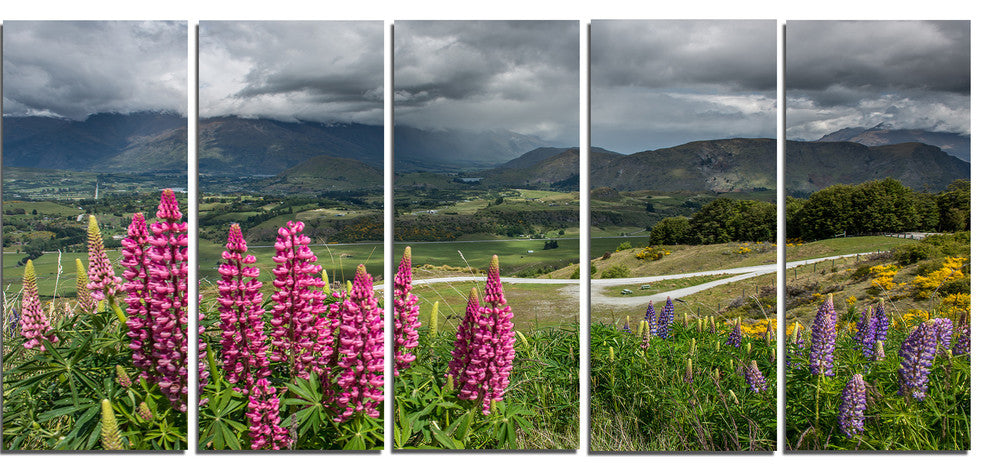 Flowering Landscape of New Zealand, Landscape Canvas Print, 60"x28", 5 Panels