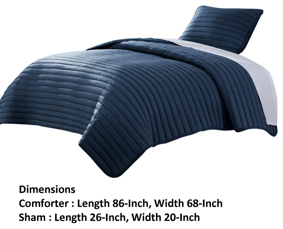 Benzara BM283911 2 Piece Twin Comforter Set, Puffer Channel Quilted Navy Blue