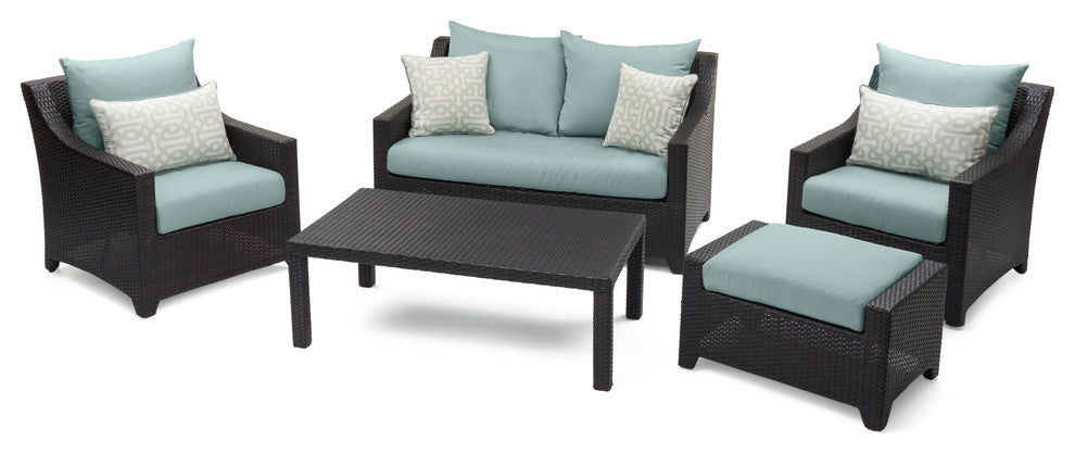Deco 5 Piece Sunbrella Outdoor Patio Love and Club Seating Set, Spa Blue