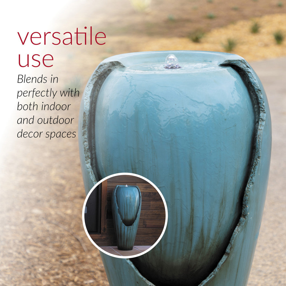 33" Tall Water Jar Fountain with LED Light, Turquoise