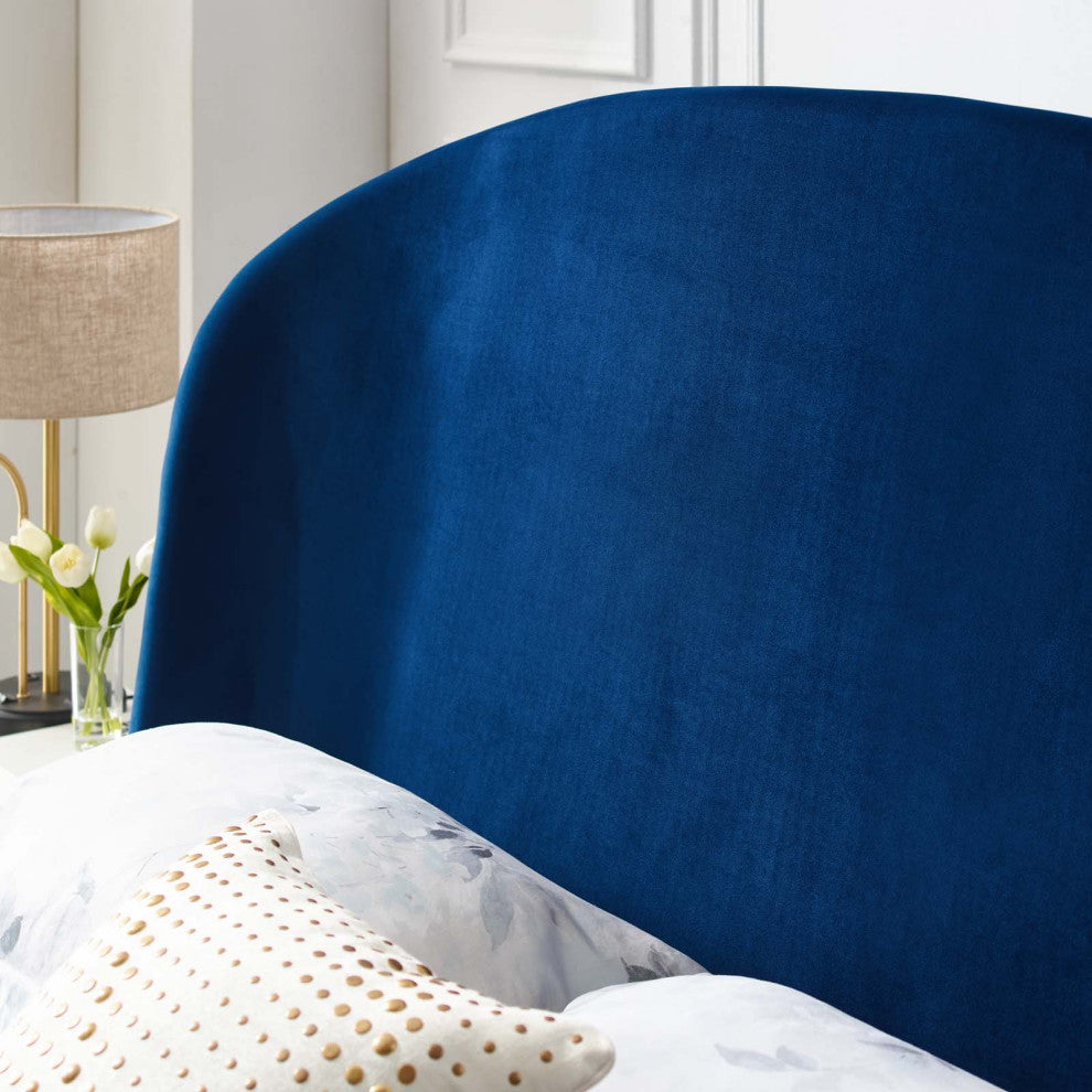 Platform Bed Frame, Queen Size, Velvet, Blue Navy, Modern Contemporary, Bedroom
