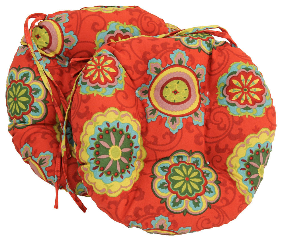 16" Outdoor Spun Polyester Tufted Chair Cushion, Set of 2, Orange Pattern