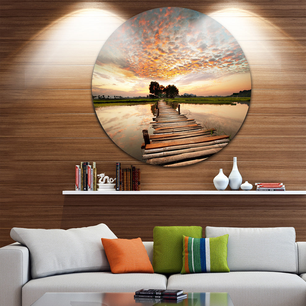 Makeshift Wooden Pier Over River, Sea Bridge Disc Metal Wall Art, 11"