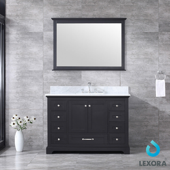 Dukes 48" Vanity, Wht Carrara Marble Top & 46" Mirror w/ Faucet, Espresso
