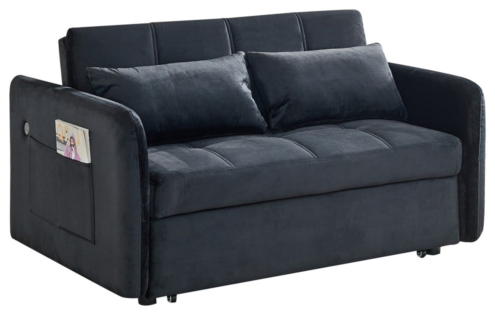 TATEUS 55.5" Twins Pull Out Sofa Bed Velvet  for Small Room Black