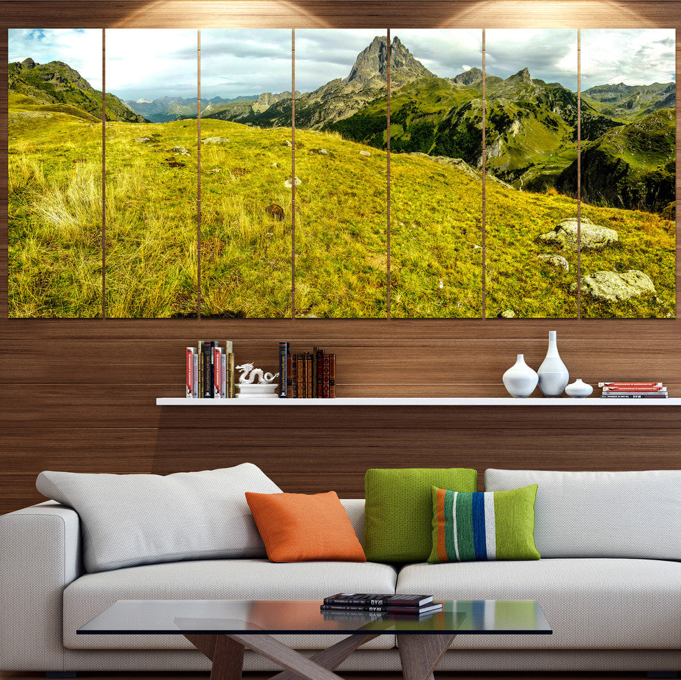 Bright Green Mountain Panorama, Landscape Canvas Art Print, 83"x32", 7 Panels
