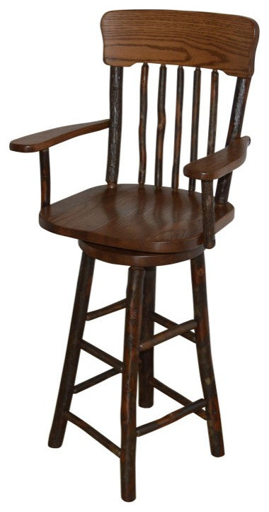 Hickory Panel Back Swivel Bar Chair with Arms, Walnut