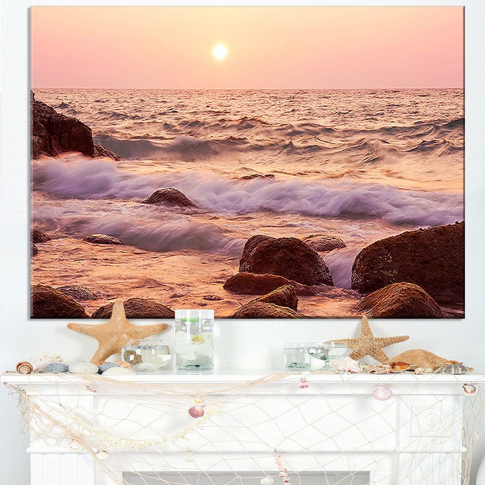 "Foam Waves Hitting Rocky Coast" Seashore Canvas Print, 32"x16"