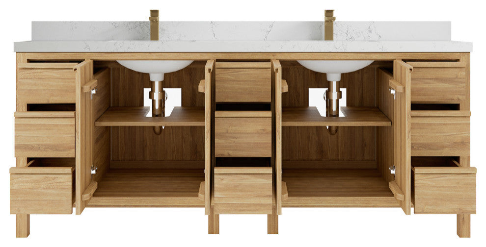 Elizabeth 84 Double Sink Bath Vanity in Light Natural Teak 2" Empira Quartz