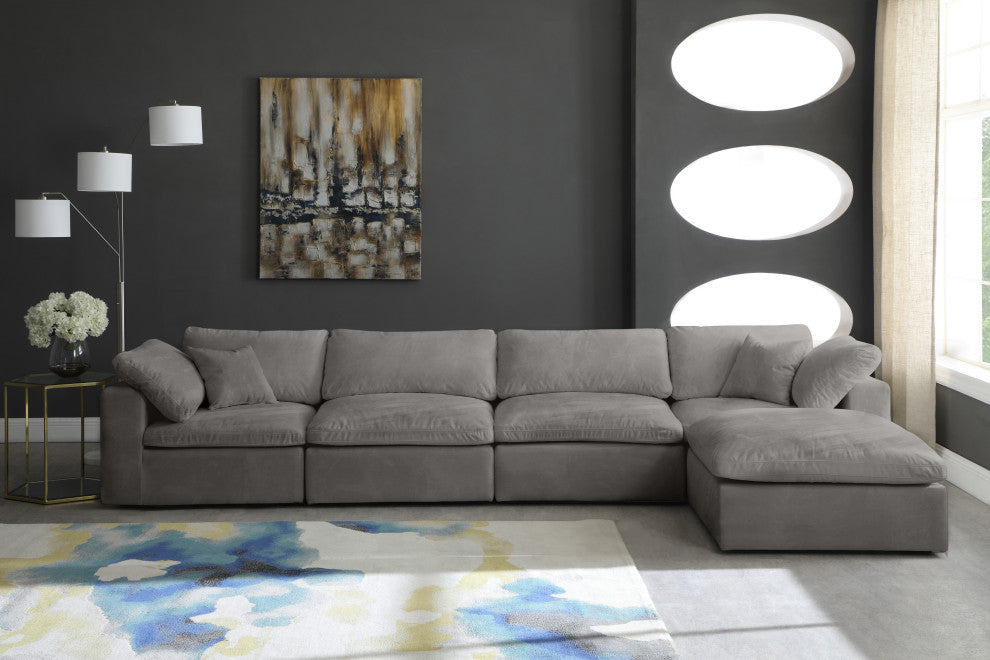 Cozy Velvet Upholstered Comfort L-Shaped Modular Sectional, Gray, 5-Piece: 2 Armless Chair, 2 Corner Chair, 1 Ottoman