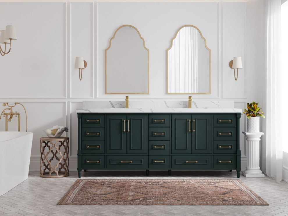 Aberdeen 84 Double Sink Bath Vanity in Dark Forest Green 2" Calacatta Laza