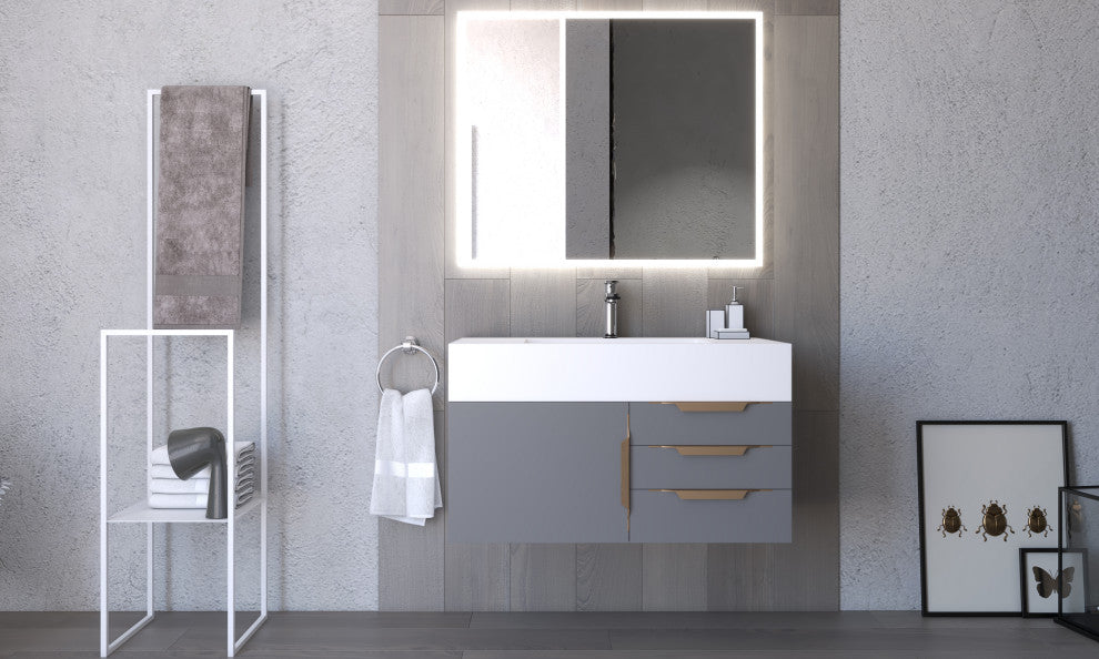 CastelloUSA Nile 36" Wall Mounted Vanity Set, Gray, White Top, Gold Handles