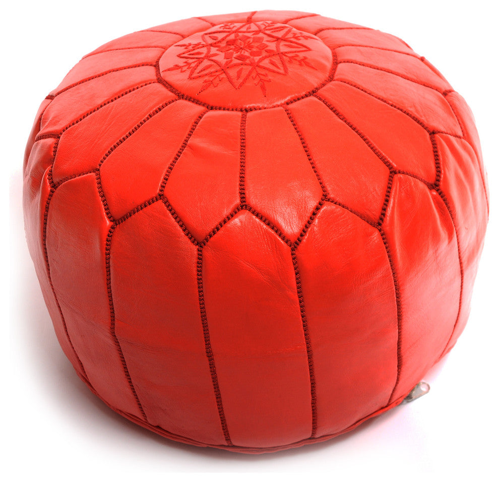 Moroccan Leather Pouf, Red