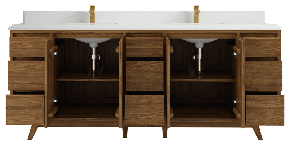 Madison Teak 84 Double Sink Bath Vanity in Dark Natural 1.5" White Quartz