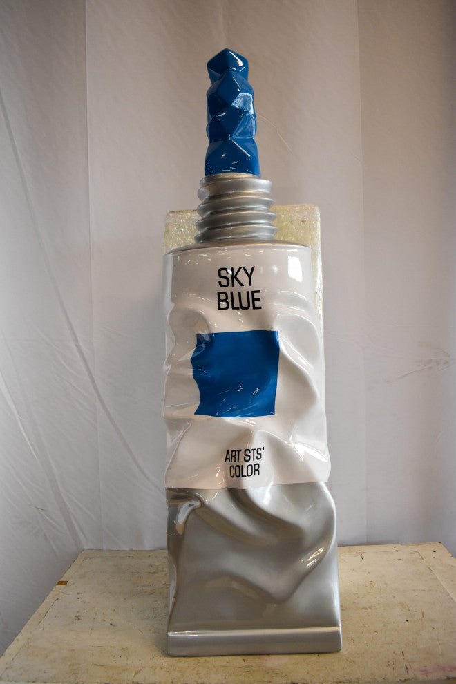 Oversized Wall Mounted Sky Blue Paint Tube Squezed Resin Statue 10" x 12" x 44