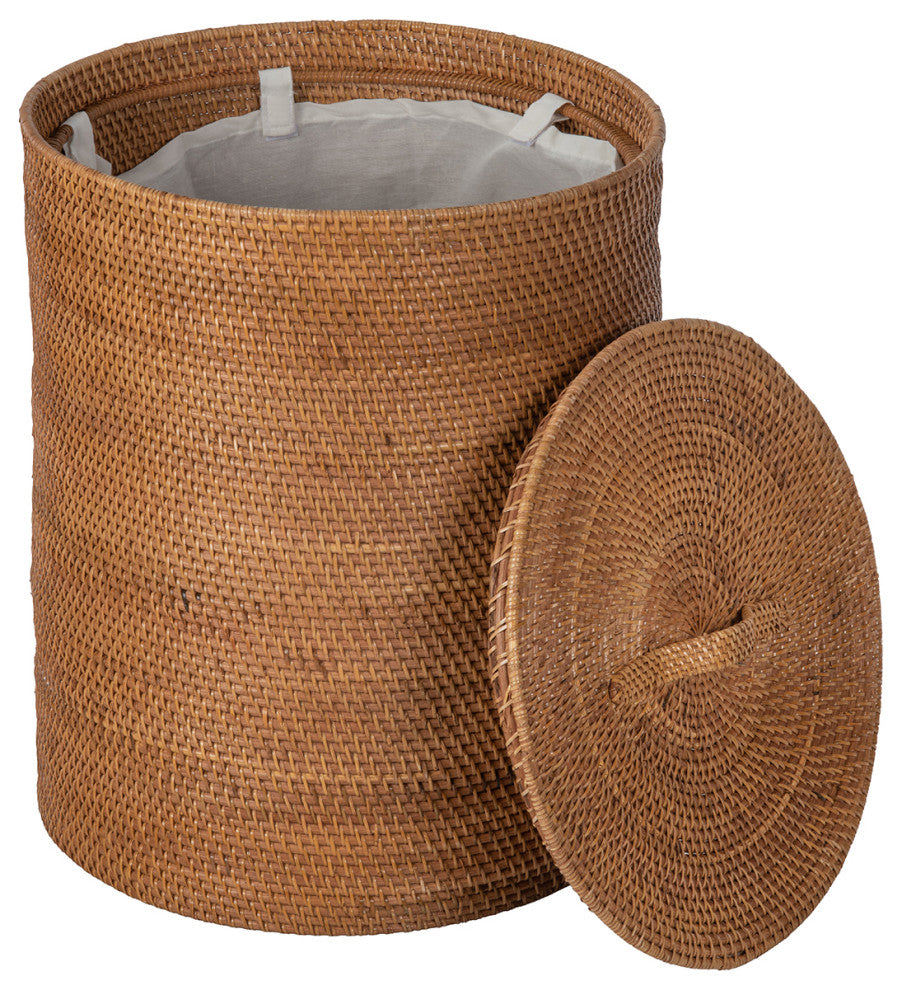 Loma Round Rattan Hamper and Laundry Basket With Removable liner, Honey Brown