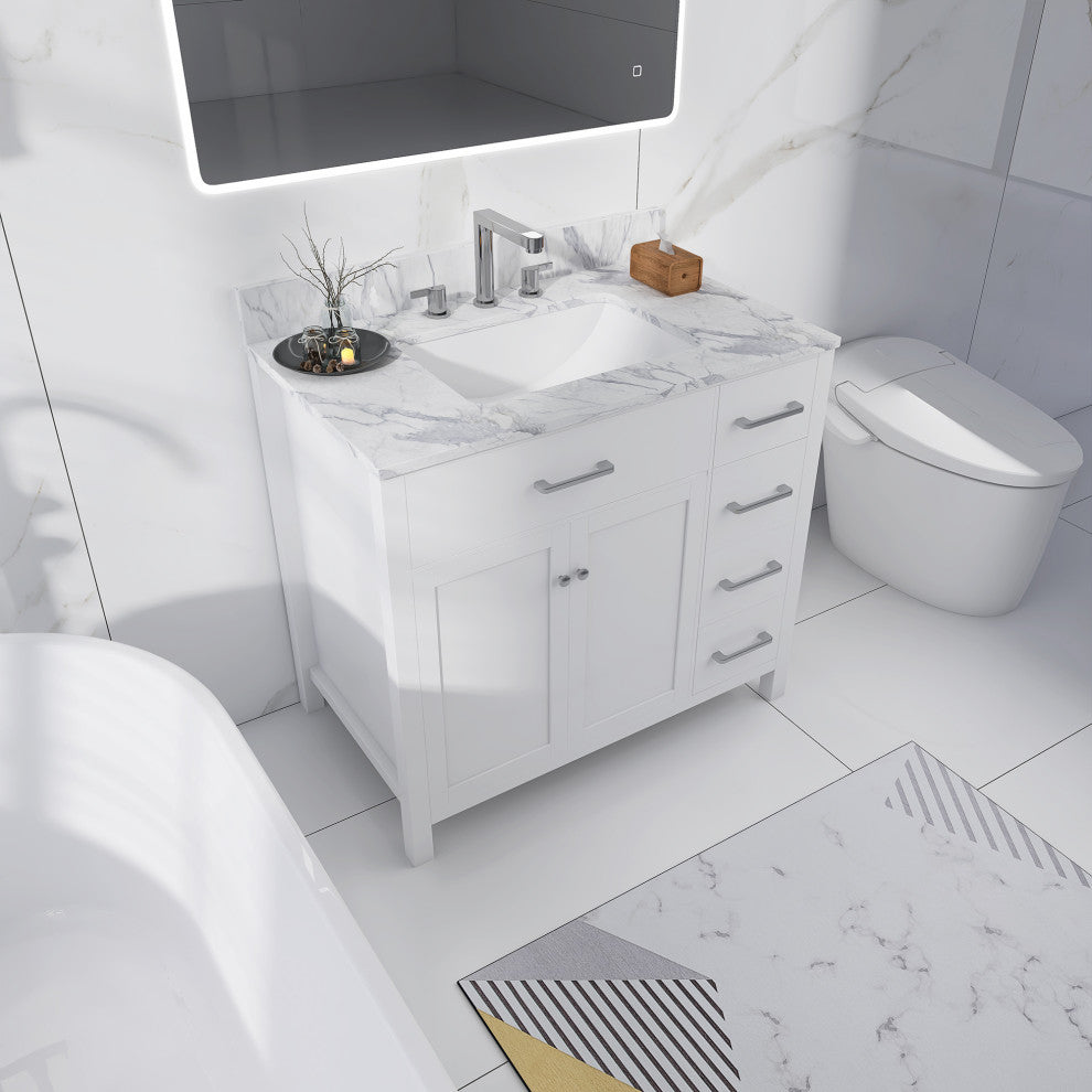 36" W x 22" D x 33" H Bath Vanity, White With Carrara White Marble